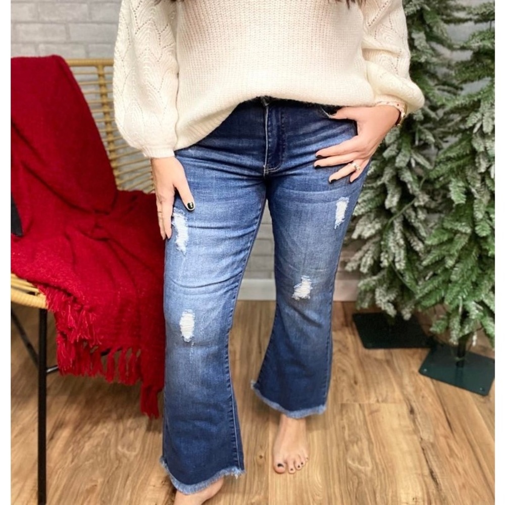 Risen High-Rise Distressed Flare Jeans - Blue